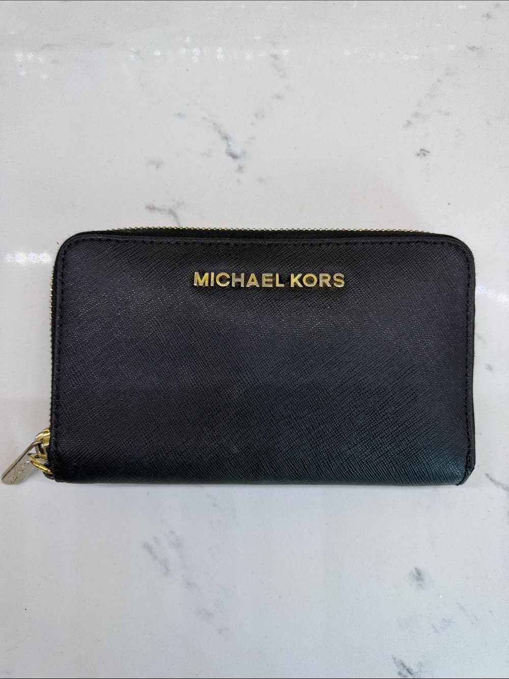 Michael Kors Black Saffiano Zip-Around Wallet with Gold Logo